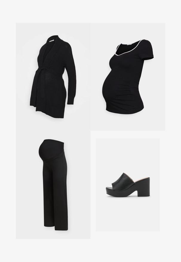 Anna Field MAMA by Zalando Gilet - black; Anna Field MAMA by Zalando T-shirt imprimé - black; Pantalon de maternité noir avec une taille haute et extensible conçue pour soutenir un ventre de femme enceinte, présenté sur un fond clair uni.; Des mules ouvertes en cuir noir présentent une large lanière avant et un talon en plateforme épais et haut avec une texture lisse. Vue de côté présentée.