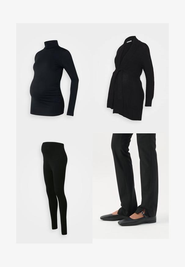 Anna Field MAMA Gilet - black; Haut à manches longues noir à col roulé en tissu extensible, conçu pour accueillir un ventre de femme enceinte, avec des détails de fronces sur les côtés.; Leggings de maternité noirs avec une taille haute et un soutien optimal, texture lisse, design ajusté, sans motifs ni embellissements visibles.; Jambes vêtues d’un pantalon slim noir avec des fentes à l’avant de l’ourlet, assorties à des chaussures plates Mary Jane noires avec une petite bride à boucle.