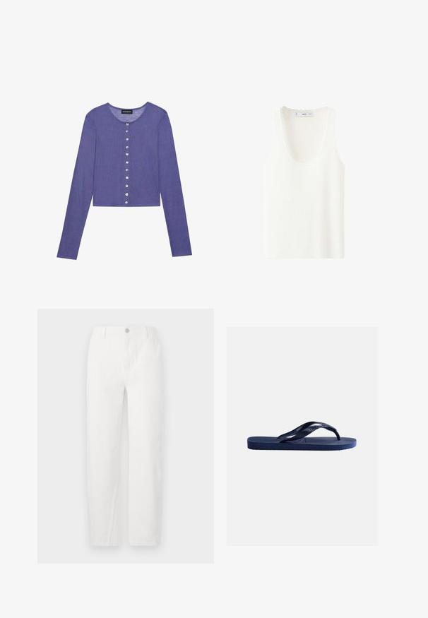 Paarse lange mouw cropped cardigan met een ronde halslijn en zeven knoopsluitingen aan de voorkant, voorzien van een gestructureerd breipatroon.; Wit geribd mouwloos tanktopje met ronde halslijn en geschulpte randen, plat neergelegd op een witte achtergrond.; Witte recht gesneden jeans van denim, met een knoopsluiting, twee voorzakken en schone naden. Eenvoudig ontwerp zonder zichtbare patronen.; Marineblauwe rubberen teenslipper met een gestructureerde zool en Y-vormig bandje op een effen lichte achtergrond.
