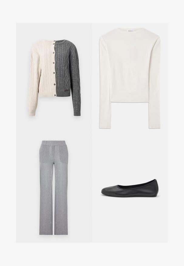 Gebreide cardigan met een splitontwerp, met crèmekleur aan de ene kant en donkergrijs aan de andere. Kabelbreisel textuur, knoopsluiting en geribbelde manchetten.; Witte lange mouw top van katoen, met een eenvoudige ronde hals en een slim fit. De stof is glad met een lichte stretch.; Grijze, geribbelde gebreide broek met een aansluitende tailleband en uitlopende pijpen. Kenmerkt zich door een subtiele glans en verticale strepen voor textuur.; Zwarte leren ballerina met een ronde neus, gladde textuur, minimale stikdetails en een flexibele zoolontwerp.
