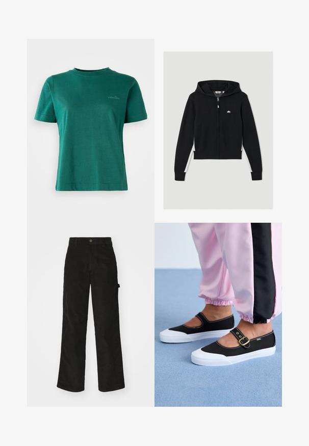 Sudadera con cremallera negra de diseño ajustado, con capucha, acentos laterales blancos y un pequeño logo en el pecho. Textura de tela suave.; Camiseta verde de manga corta, hecha de una tela suave, con escote redondo y un sutil acento de logo en la parte delantera.; Pantalones de pana negros con un diseño de pierna recta, que presentan un cierre de botón y bolsillo lateral. Textura suave con finas rayas verticales.; Zapatillas de lona negras con suela blanca, con un diseño recortado y una correa con hebilla dorada. Combinadas con pantalones de chándal rosas.