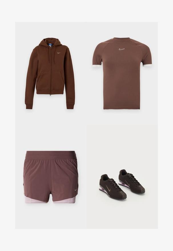 Brun lynlås-hættetrøje med forlommer, snørejusterbar hætte, ribkanter ved ærmer og talje samt lille hvid Nike-logo på venstre bryst.; Brun kortærmet skjorte lavet af glat stof med høj halsudskæring og hvide detaljer ved ærmekanterne, med en lille logo på brystet.; Shorts i dyb mauve med et let design, der har en bred talje og en lyserød inderforing. Inkluderer en lille logodetalje på siden.; Sorte atletiksko med en tekstureret overdel, brune detaljer og en lilla luftfyldt sål. Snørebåndsdesign med fremtrædende branding.
