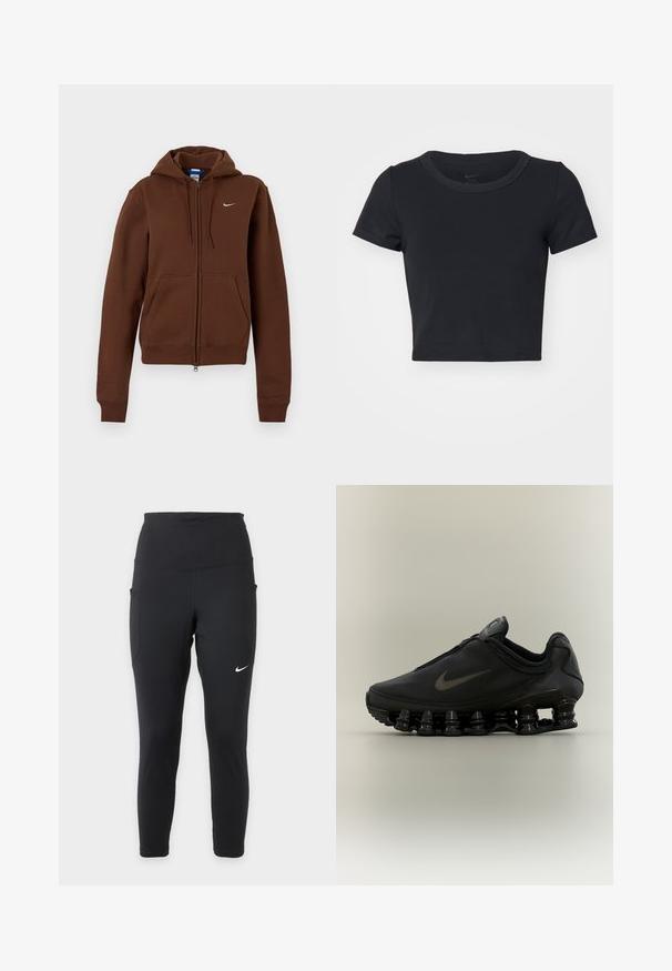 Brun lynlås-hættetrøje med forlommer, snørejusterbar hætte, ribkanter ved ærmer og talje samt lille hvid Nike-logo på venstre bryst.; Sort cropped T-shirt lavet af blødt, elastisk stof. Har en rund halsudskæring og korte ærmer med et enkelt design.; Sorte Nike leggings med høj talje med sidelommer og et lille hvidt Nike swoosh på højre lår.; Sort Nike-sneaker med lynlåsfunktion øverst og karakteristisk fjederlignende opdelt sål, vist i sideprofil mod en neutral baggrund.
