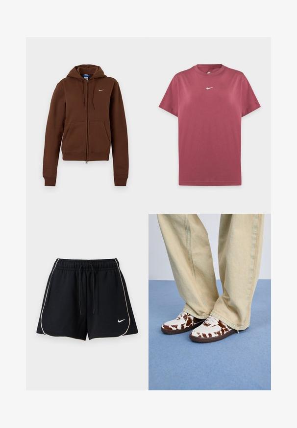 Hnedá mikina na zips s prednými vreckami, kapucňou so šnúrkou, rebrovanými manžetami a lemom a malým bielym logom Nike na ľavej strane hrudníka.; Jednoduché bordové tričko Nike s krátkym rukávom, okrúhlym výstrihom a malým bielym logom Nike swoosh v strede na hrudi.; Čierne atletické šortky s bielym lemovaním pozdĺž okrajov, elastickým pásom so šnúrkou a malým bielym logom Nike na spodnej ľavej nohe.; Biele a hnede vzorované tenisky z mesh a kože, s hnedými gumovými podrážkami. Skombinované so svetlobežovými voľnými nohavicami.