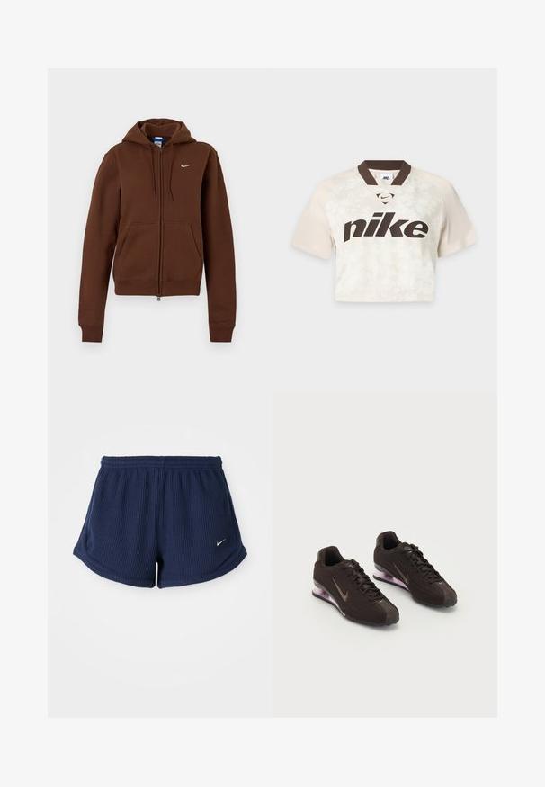 Sweat à capuche zippé marron avec poches avant, capuche à cordon, poignets et ourlet côtelés, et petit logo Nike blanc sur la poitrine gauche.; T-shirt de sport Nike à manches courtes et coupe courte, beige avec un col marron foncé et un grand logo Nike sur le devant.; Shorts de sport en bleu marine, côtelés, avec une taille élastique, ornés d'un petit logo Nike blanc sur le bas. Tissu à texture douce.; Baskets de sport noires avec une tige texturée, des accents marron et une semelle à coussin d'air violette. Design à lacets avec une marque bien visible.