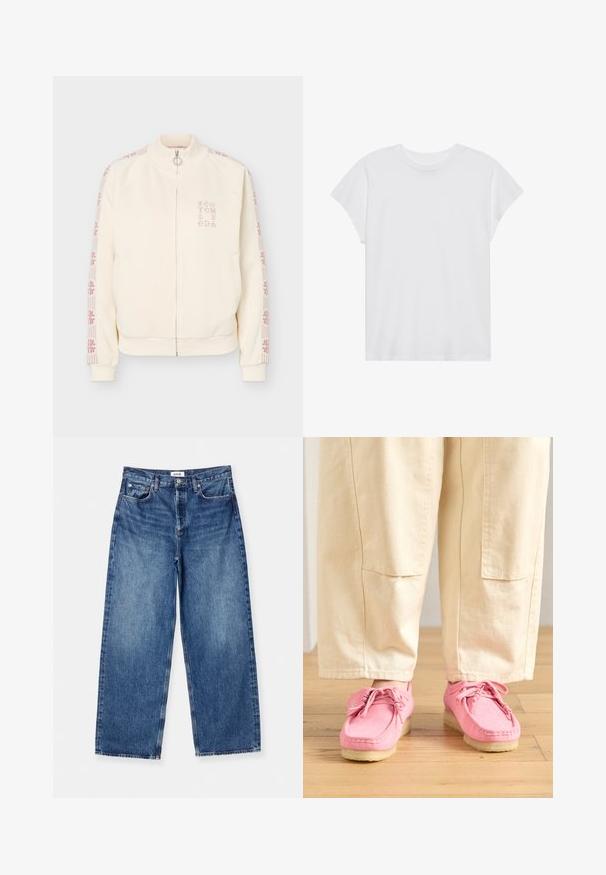 Chaqueta cremosa con cremallera y cuello alto, con rayas florales rosas en las mangas y texto rosa en el pecho.; Camiseta blanca de manga corta con cuello redondo, corte relajado, hecha de suave tela de algodón. Textura lisa, sin estampados ni logotipos.; Jeans de mezclilla de pierna ancha en un tono azul claro, que presentan un diseño clásico de cinco bolsillos, costuras visibles y una cintura de altura media.; Zapatos de ante rosa estilo mocasín con cordones, que cuentan con una superficie texturizada y una suela de goma beige claro, combinados con pantalones beige.