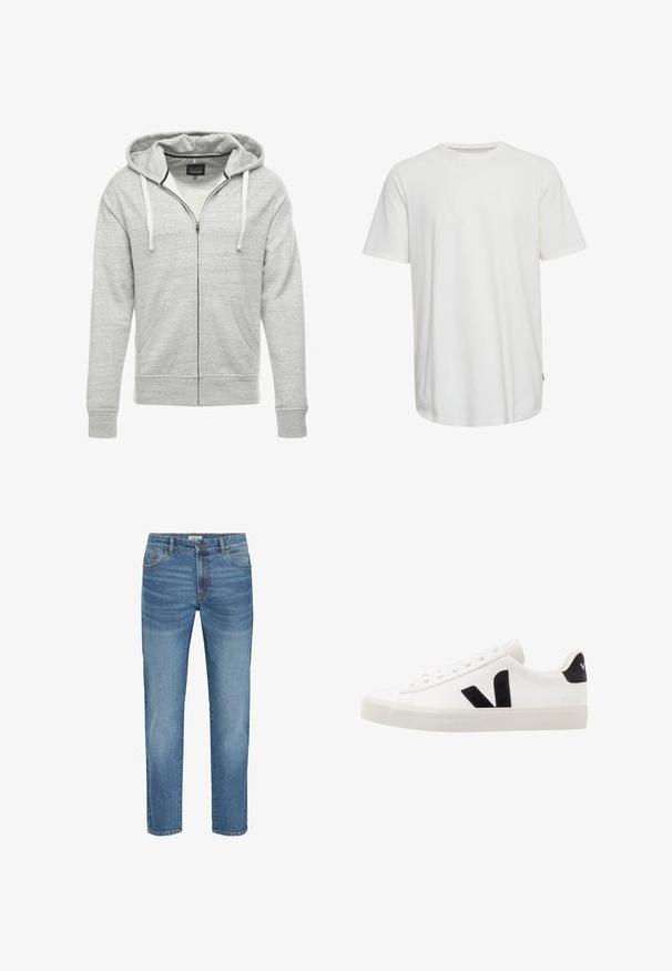 Grå zip-up hoodie lavet af blød, tekstureret stof. Har en hætte med snoretræk, forlommer og ribbede mansjetter og forneden.; Hvid kortærmet t-shirt lavet af bomuld. Har en rund halsudskæring, lige pasform og en diskret sidesøm.; Lysblå denim jeans med et klassisk lige ben-design, der har fem lommer, metalknaplukning og en let falmning på stoffet.; Hvide lædersneakers med sorte ruskindsdetaljer; har en gummisål, rund tå og klassisk snørebåndsdesign. Side logo i sort.