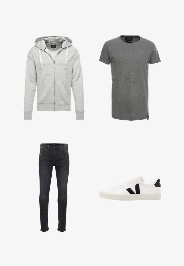 Grijze ritssluiting hoodie gemaakt van zachte, gestructureerde stof. Heeft een trekkoordcapuchon, voorzakken en ribgebreide manchetten en zoom.; Grijze T-shirt met korte mouwen van zachte, gestructureerde stof. Heeft een ronde halslijn en een subtiele gemêleerde print, met een merklabel aan de zijkant.; Skinny-fit jeans in donkergrijs denim, met zij- en achterzakken, een knoopsluiting aan de voorkant en subtiele vervagingdetails.; Witte leren sneaker met zwarte suède accenten; voorzien van een rubberen zool, ronde neus en een klassieke vetersluiting. Zijkant met logo in het zwart.