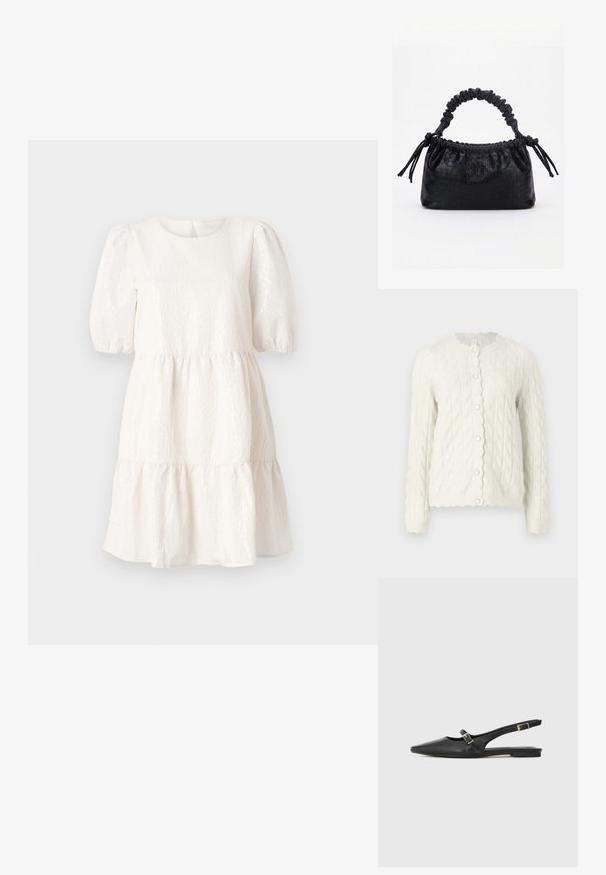 Crème kabelgebreide cardigan met een golvende kraag en een sluiting met knopen aan de voorkant, met lange mouwen en een gemêleerde afwerking.; Witte textuur jurk met een ronde hals, korte pofmouwen en een gelaagde, gerimpelde zoom. Beschikt over een sluiting aan de achterkant.; Zwarte leren slingback schoenen met een spitse neus, voorzien van een smalle band en een zilveren gesp aan de zijkant. Platte zool.; Zwarte handtas met krokodillenstructuur, geplooide bovenrand, samengevoerde handgreep en koordtassels aan elke kant tegen een witte achtergrond.