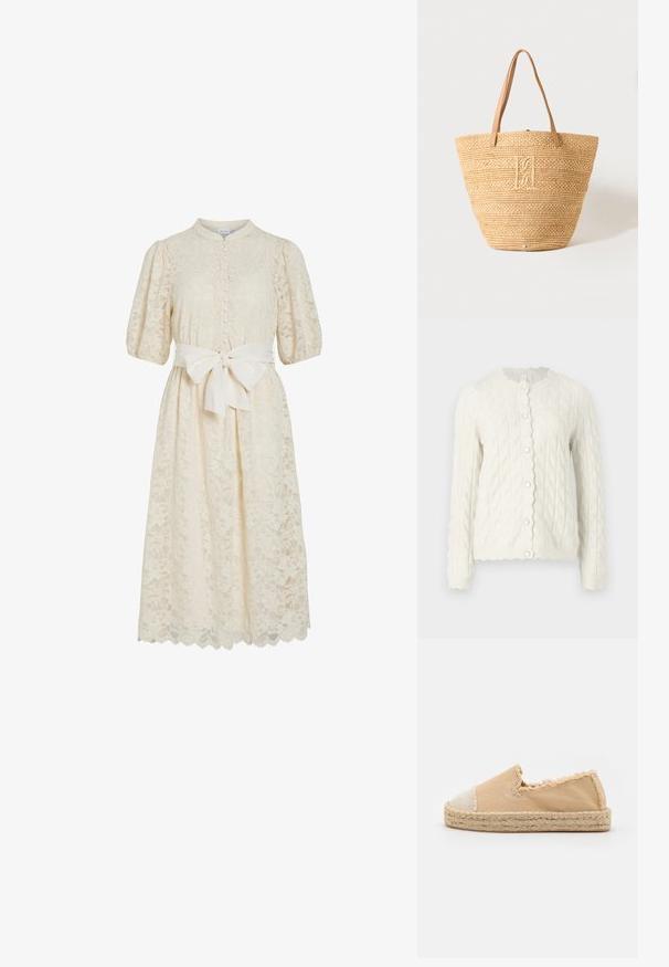 Crème kabelgebreide cardigan met een golvende kraag en een sluiting met knopen aan de voorkant, met lange mouwen en een gemêleerde afwerking.; Kant jurk in off-white met een hoge kraag, korte pofmouwen, knoopsluiting aan de voorkant en een stoffen riem. Gedetailleerde gegolfde zoom met bloemmotieven.; Beige espadrille instap schoen met een gestructureerde canvas bovenkant en een jute touw zool, met een contrasterende lichtbeige neuskap.; Beige gevlochten stro draagtas met twee bruine leren handvatten en een subtiel geborduurd monogram aan de voorkant in het midden.