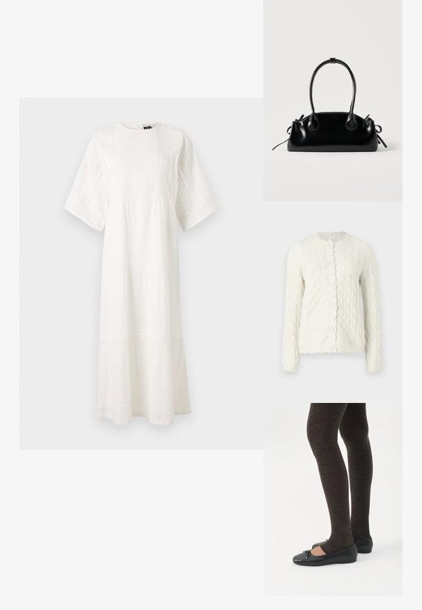 Crème kabelgebreide cardigan met een golvende kraag en een sluiting met knopen aan de voorkant, met lange mouwen en een gemêleerde afwerking.; Witte katoenen jurk met een ronde halslijn, korte mouwen, gestructureerde patronen en een gelaagd ontwerp met kantafwerking aan de zoom.; Benen met donkere geribbelde leggings gecombineerd met zwarte ballerina's met kleine strikdetails op een witte achtergrond.; Kleine zwarte glanzende handtas met twee lange hengsels en zijkant trekkoord details op een effen lichte achtergrond.
