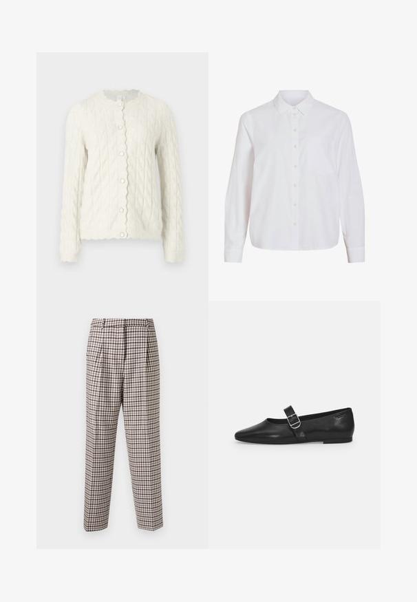 Cardigan crème en tricot torsadé avec un col festonné et une fermeture à boutons sur le devant, à manches longues et finition texturée.; Chemise blanche à manches longues, boutonnage frontal, col classique, poche poitrine unique, confectionnée dans un tissu lisse et léger avec une coupe décontractée.; Pantalons à carreaux avec un motif quadrillé marron et blanc, devant plissé, coupe droite et texture lisse. Convient à diverses occasions.; Chaussure plate en cuir noir avec un bout arrondi, une seule sangle réglable à boucle et une texture lisse et brillante. Design minimaliste avec un petit talon.