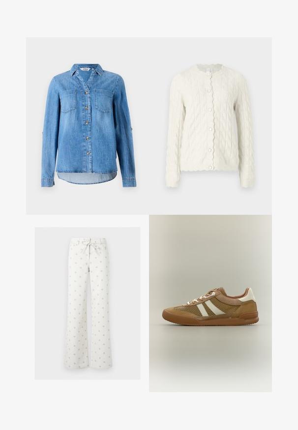 Cremefarvet kabelstrikket cardigan med en scallopkrave og frontlukkning med knapper, lange ærmer og en struktureret finish.; Lys blå denimskjorte med knaplukning foran, to brystlommer og ærmer som kan rulles op med knapdetaljer.; Hvide bukser med vide ben og små grå blomsterprint, frontknap, lynlås og snørejustering i taljen.; Brun og beige lav-top sneaker med mesh-sider, hvide sidestriber, hvide snørebånd og gummisål på en neutral baggrund.