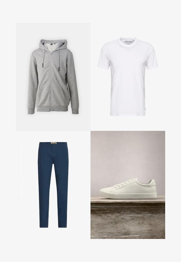 Sudadera gris con cremallera, capucha con cordón, bolsillos frontales, mangas y dobladillo de canalé, confeccionada en una suave tela texturizada.; Camiseta de manga corta blanca, hecha de algodón, con cuello redondo y un diseño sencillo. Etiqueta de la marca visible en la zona del cuello. Sin patrones ni detalles.; Pantalones de hombre con corte ajustado en azul marino, con pasadores para cinturón, cierre frontal de botón y bolsillos laterales, presentados sobre un fondo blanco.; Zapatilla blanca con cordones flotando sobre un banco de madera con follaje verde al fondo, mostrando el diseño y la textura del zapato.