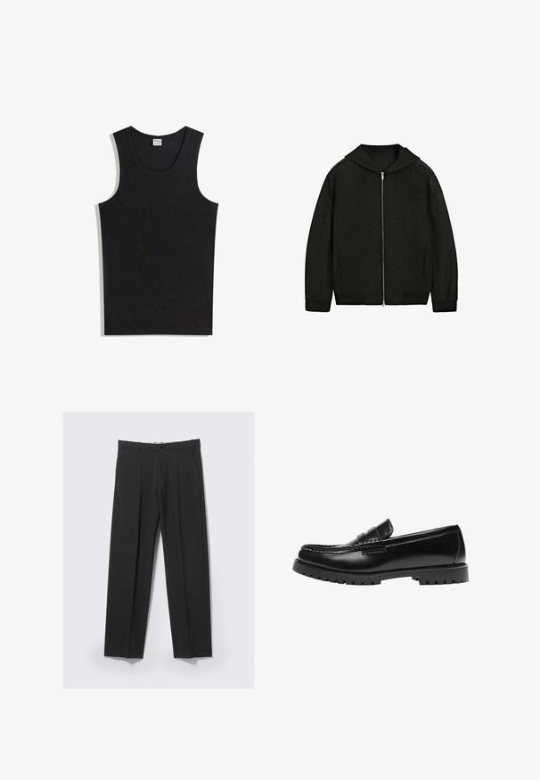 Sort lynlåstrøje med lange ærmer, ribstrikkede manchetter og kant samt en hætte uden synlige snore.; Sort tanktop lavet af bomuld med rund halsudskæring og ærmeløs design. Glat tekstur uden synlige mønstre eller accenter.; Sorte skræddersyede bukser med forreste plisseringer, sidelommer, bæltestropper og knaplukning ved linningen på en lys baggrund.; Sort læderloafer med en kraftig gummisål og klassiske penny-strap detaljer, vist fra ydersiden.
