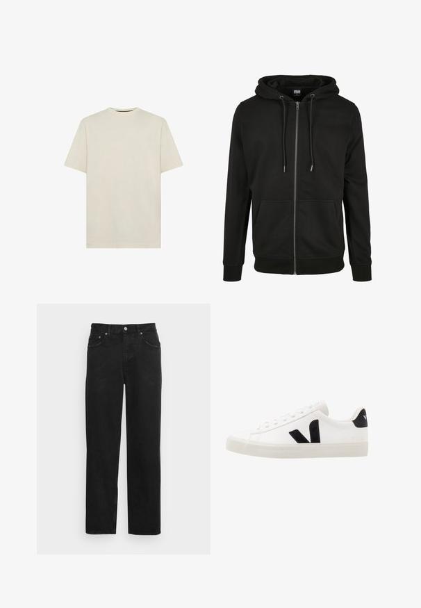 Zwarte zip-up hoodie gemaakt van zachte stof, met een verstelbare capuchon, voorkwabben en ribgebreide boorden en zoom. Eenvoudig en functioneel ontwerp.; Lichte beige katoenen t-shirt met een klassieke ronde hals en korte mouwen. Eenvoudig, onversierd ontwerp. Zachte textuur, reguliere pasvorm.; Zwarte denim spijkerbroek met een ontwerp met rechte pijpen, vijf zakken en een metalen knoopsluiting met een subtiele textuur. Geen zichtbare patronen of accenten.; Witte leren sneaker met zwarte suède accenten; voorzien van een rubberen zool, ronde neus en een klassieke vetersluiting. Zijkant met logo in het zwart.
