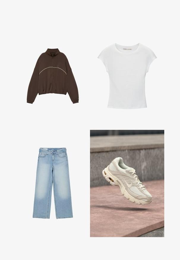 Donkerbruine jas met ritssluiting, hoge kraag, elastische manchetten en een witte gebogen lijn over de borst en bovenarmen.; Witte katoenen T-shirt met korte, opgerolde mouwen, een ronde halslijn en een rechte zoom. Gladde textuur zonder zichtbare patronen of accenten.; Lichtblauwe jeans met wijde pijpen, dubbele knoop- en ritssluiting, ceintuurlussen en voorzakken.; Lichtbeige sportschoen met een bovenwerk van mesh, een afgeronde neus en een gestructureerde middenzool. Voorzien van een gevoerde kraag en veters met een subtiel logo.