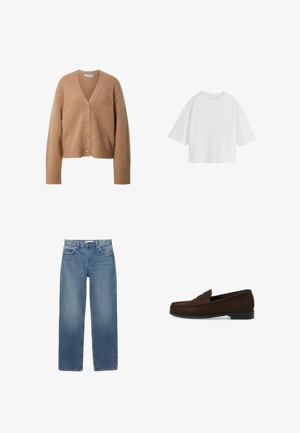 Beige wollen cardigan met een V-hals, voorzien van vijf knopen, geribde manchetten en een cropped silhouet. Zachte textuur en minimalistisch ontwerp.; Effen witte oversized T-shirt met korte mouwen, een ronde hals en een losse pasvorm.; Lichtblauwe denim jeans met een rechte snit, vijf zakken en koperen hardware. De stof heeft een lichte vervaging en een gladde textuur.; Bruine suède instapschoenen met een gestikt moccasin-neus, platte zwarte rubberen zool en een decoratieve bovenband en detail.
