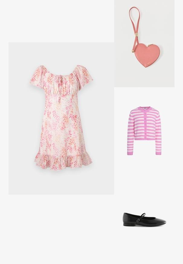 Zachte roze en witte horizontaal gestreepte cardigan met lange mouwen en roze knopen aan de voorkant.; Korte bloemenjurk met pofmouwen, geplooide halslijn en rucheszoom in tinten van roze en perzik op een witte achtergrond.; Zwarte leren balletschoenen met een puntige neus, platte zool en een enkele enkelband met een rechthoekige gesp. Glad oppervlak overal.; Roze leren muntportemonnee in hartvorm met polsbandje en gouden rits, gebrandmerkt met kleine gouden tekst "Furla".