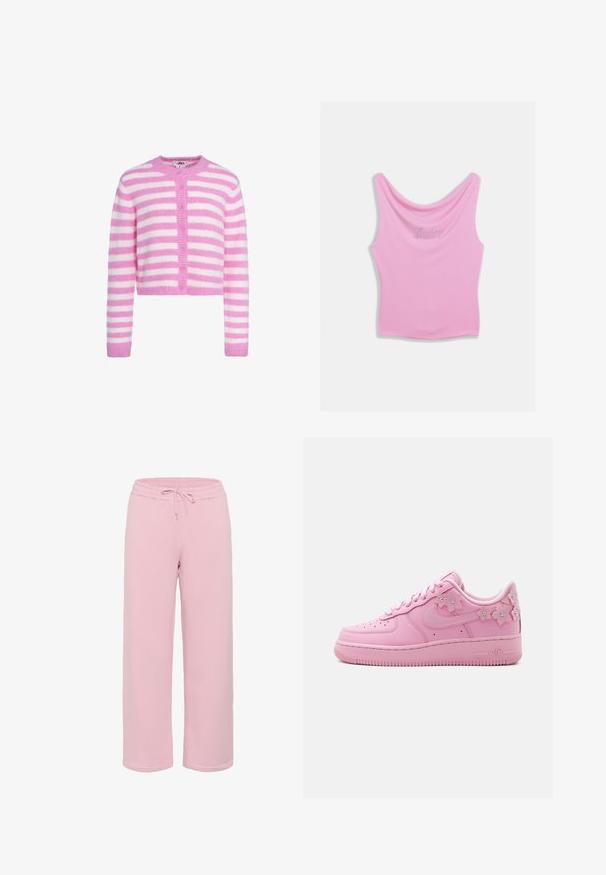 Zachte roze en witte horizontaal gestreepte cardigan met lange mouwen en roze knopen aan de voorkant.; Roze tanktop met een ronde halslijn en een aansluitend silhouet, met "Juicy" geschreven in strass-steentjes over de borst. Zachte stoftextuur.; Lichtroze sweatpants van zachte stof, met een wijd-uitlopend design, een elastische tailleband met trekkoord en manchet-omslagen.; Lage roze sneaker met bloemrijke versieringen langs de zijkant, geperforeerde neus, vetersluiting en een gevoerde zool met opschrift "AIR."