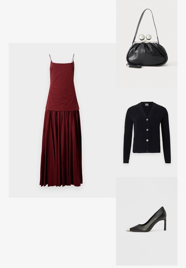 Sort strikket cardigan med V-hals, kant med kabelmønster, fire knapper foran og lange ærmer.; Ærmeløs maroon kjole med en tætsiddende top og en svajende, plisseret nederdel. Lavet af letvægtsstof, har den tynde spaghettistropper.; Sort læder højhælet sko med spids tå og metal-sølv hætte. Har en glat finish og en slank hæl på 10 cm.; Sort læderhåndtaske med opsamlet design, en enkelt rem, sølv metalramme og to store runde sølv lukninger.