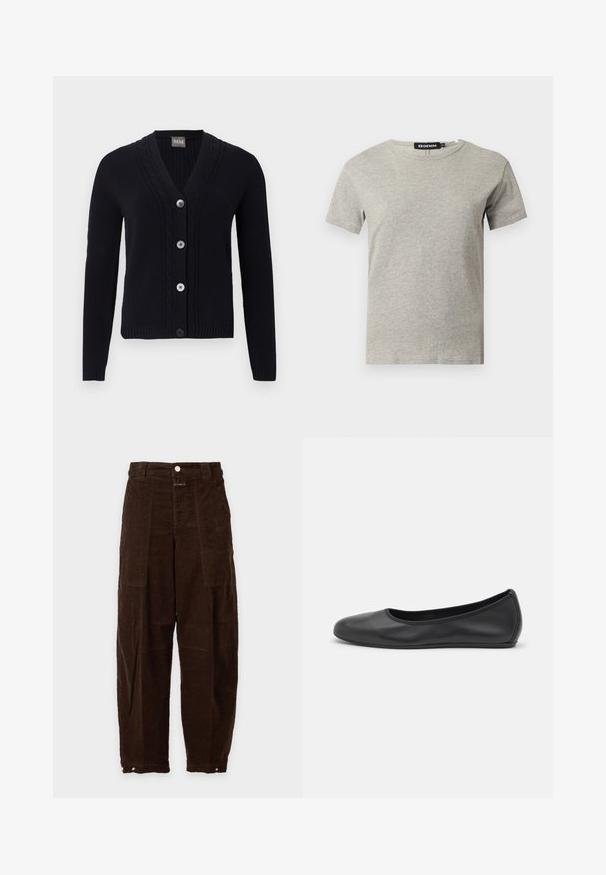 Cardigan noir en maille avec col en V, bordure à motif torsadé, quatre boutons sur le devant et manches longues.; T-shirt en coton gris clair à manches courtes et col rond avec une étiquette noire visible à l'intérieur du col indiquant "DENIM" et la taille "S."; Pantalon large en velours côtelé marron foncé, taille haute, poches plaquées à l'avant, fermeture par bouton et poignets réglables à pressions aux chevilles.; Ballerines en cuir noir avec un bout rond, texture lisse, détails de couture minimalistes et design de semelle flexible.