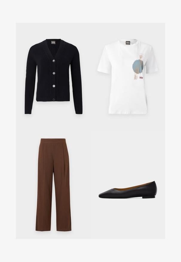 Cardigan noir en maille avec col en V, bordure à motif torsadé, quatre boutons sur le devant et manches longues.; T-shirt blanc en coton à manches courtes. Présente une broderie abstraite multicolore en bleu, marron et beige. Logo "MM" sur le devant.; Pantalon marron à jambes larges avec une texture lisse, présentant un devant plat et des plis. La taille est élastiquée pour le confort et l'ajustement.; Chaussure plate en cuir noir à bout pointu avec talon bas et finition lisse, vue de côté sur un fond gris clair.