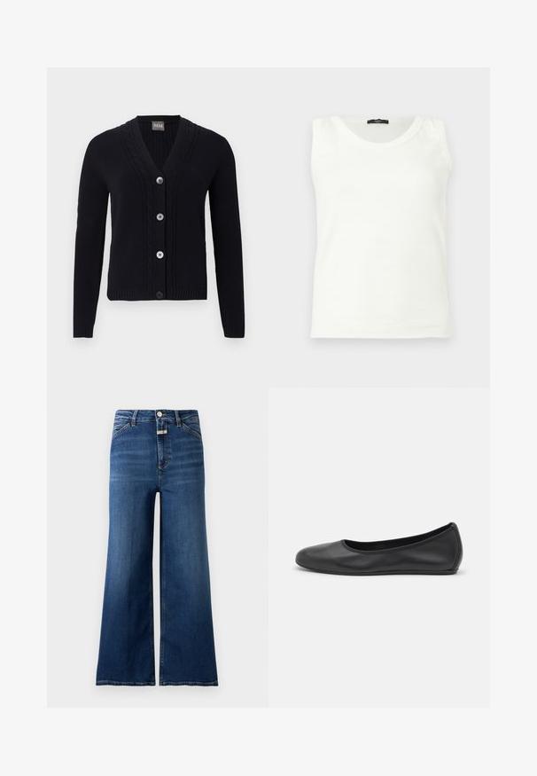 Svart strikket cardigan med V-hals, kabelmønsterkant, fire knapper foran og lange ermer.; Hvit ermeløs rundhalset tanktopp med svart merkelapp på kragen, vist på en enkel lys bakgrunn.; Blå denimjeans med høyt liv og vide ben, foranlommer, beltehemper, knappestenging og synlig glidelås mot ensfarget bakgrunn.; Svart skinnballettflatt med rund tå, glatt tekstur, minimal sømdetalj, og et fleksibelt såledesign.