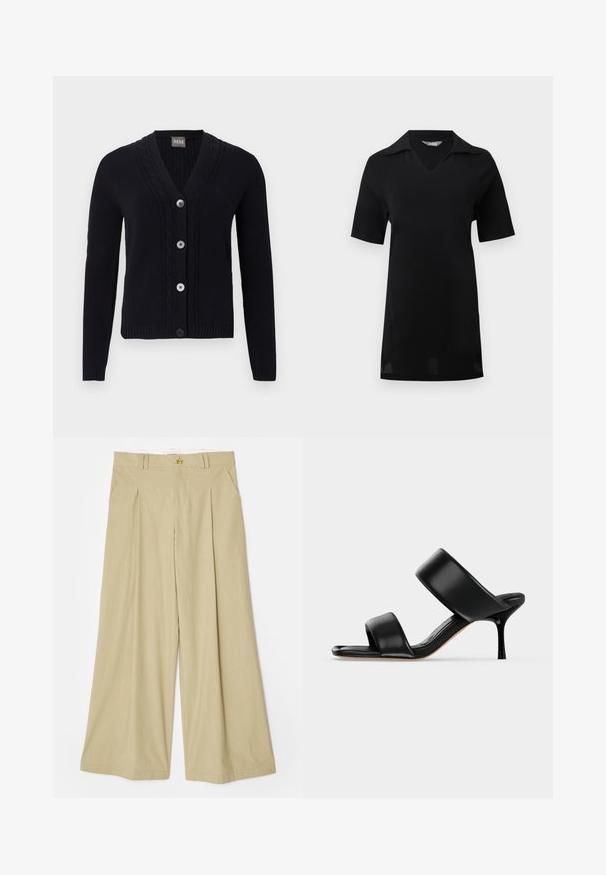 Cárdigan negro de punto con escote en V, borde con patrón de trenzas, cuatro botones delanteros y mangas largas.; Vestido negro de manga corta con cuello y escote en V, hasta la rodilla, mostrado sobre un fondo claro y liso.; Pantalones de pierna ancha beige hechos de tela ligera. Presentan un frente plano, dos bolsillos laterales y un acento en forma de triángulo en tono dorado en la cinturilla.; Sandalia mule de cuero negro con dos tiras anchas y un tacón de aguja delgado de altura media sobre un fondo claro y sencillo.