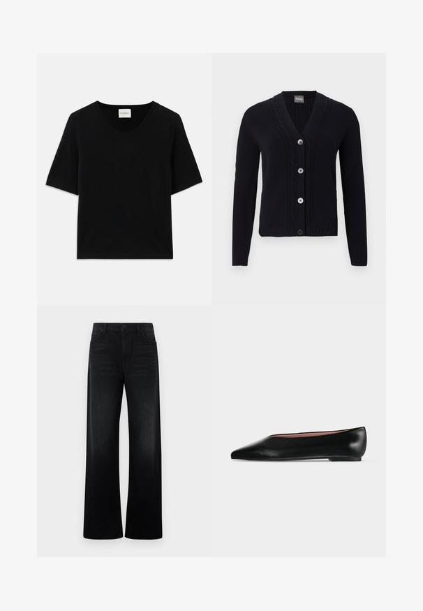 Cardigan noir en maille avec col en V, bordure à motif torsadé, quatre boutons sur le devant et manches longues.; Haut tricot à manches courtes noir avec un col rond. Présente une texture lisse et des accents côtes le long du col et des manches.; Jean noir taille haute à jambes larges avec poches avant et passants de ceinture, présenté sur un fond uni clair.; Chaussure plate en cuir noir pour femme, avec bout pointu et petit talon, vue de côté sur un fond gris clair uni.
