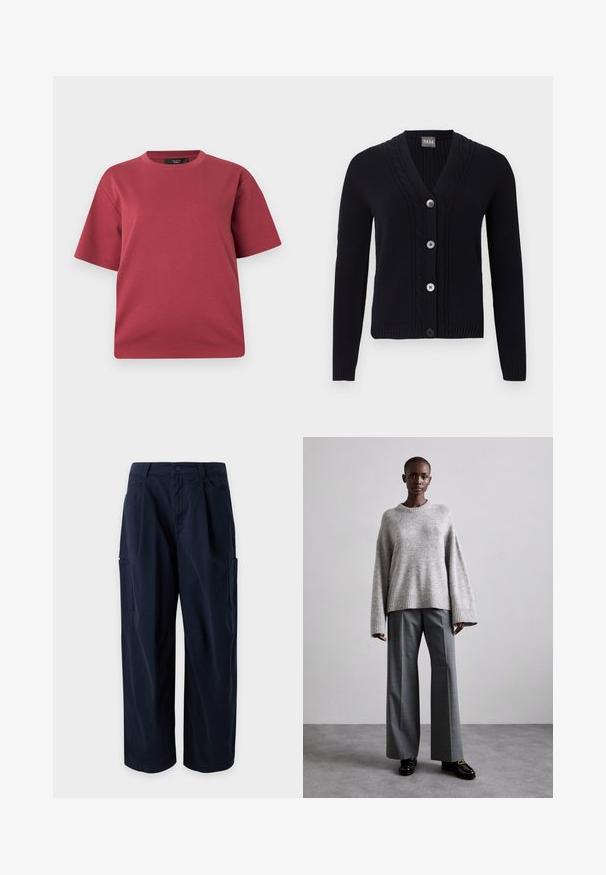 Cardigan noir en maille avec col en V, bordure à motif torsadé, quatre boutons sur le devant et manches longues.; T-shirt à manches courtes et col rond couleur rose poudré avec une coupe décontractée, présenté sur un fond blanc uni.; Pantalon cargo bleu marine à jambes larges, passants de ceinture, fermeture à l'avant, poches latérales et deux grandes poches sur les cuisses, exposé sur un fond uni.; Pull en maille gris avec des manches larges et un ourlet côtelé, assorti à un pantalon gris taille haute avec un motif à carreaux discret et des mocassins noirs.