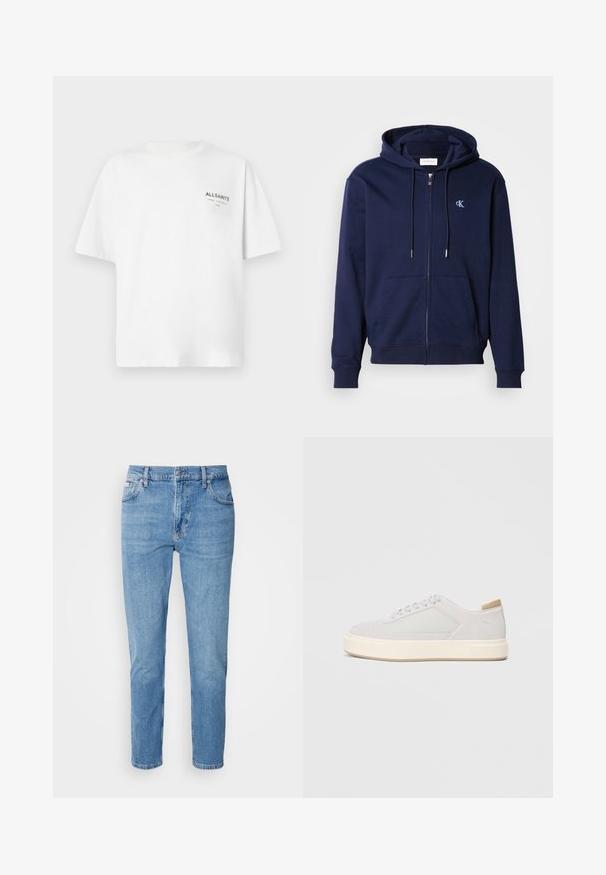 Marineblå zip-up hættetrøje lavet af bomuldsblandet stof med en frontlomme. Har en hætte med snørrelukning og et lille broderet logo på brystet.; Hvid kortærmet bomulds T-shirt med lille sort "ALLSAINTS" tekst og japanske tegn trykt på venstre bryst.; Lys blå denim jeans med lige snit, fem-lomme design og subtilt slid. Har knaplukning og bæltestropper.; Lys grå sneakers med en glat syntetisk overdel, rund tå og en struktureret crème mellemsål. Lysebrune accenter på hælen.