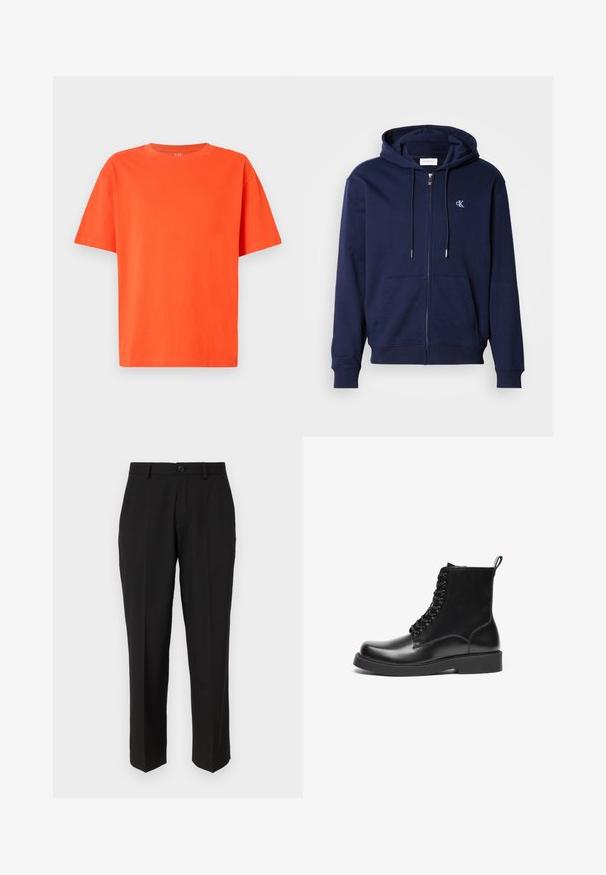 Marineblaue Kapuzenjacke aus Baumwollmischgewebe mit einer frontalen Kängurutasche. Verfügt über eine Kapuze mit Kordelzug und ein kleines gesticktes Logo auf der Brust.; Hellorange T-Shirt mit kurzen Ärmeln und Rundhals, leger geschnitten, gezeigt vor einem schlichten hellen Hintergrund.; Schwarze Hosen aus glattem Stoff mit geradem Bein, Fronttaschen, einem einzigen Knopfverschluss und ohne sichtbare Muster.; Schwarze Lederstiefeletten mit glatter Oberfläche, rechteckiger Zehenpartie, Schnürdesign und flacher Gummisohle. Enthält eine Zuglasche hinten.