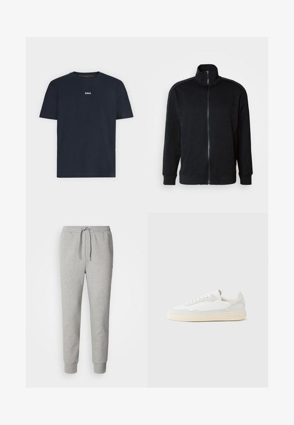 Sort zip-jacket med høj krave, tekstureret mønster, lange ærmer, ribbede manchetter og lige kant. Har et brændet logo på brystet.; Marineblå kortærmet T-shirt med rund hals og lille hvid "BOSS"-logo centreret på brystet.; Grå joggingbukser lavet af blødt stof. Har elastisk taljebånd med snøre, ribbede manchetter og lige ben. Ingen synlige mønstre eller logoer.; Hvid sneakers med en øvre del i tekstureret ruskind og læder. Har rundet tå, snørelukning og kontrasterende beige gummisål.
