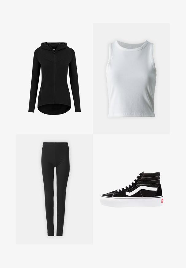 Zwarte aansluitende dameshoodie met rits, lange mouwen, twee voorzakken met rits en een licht gebogen zoom.; Witte geribde tanktop met een ronde halslijn en mouwloos ontwerp, voorzien van een rechte zoom en een gladde, rekbare textuur.; Zwarte, rekbare leggings met een strakke pasvorm, uitgerust met een hoge tailleband en een gladde textuur. Geen zichtbare patronen of hardwaredetails.; Zwarte high-top sneakers met witte veters, een wit logo en contrasterende witte stiksels. Heeft een dikke witte zool en een bovenwerk van gestructureerd suede.