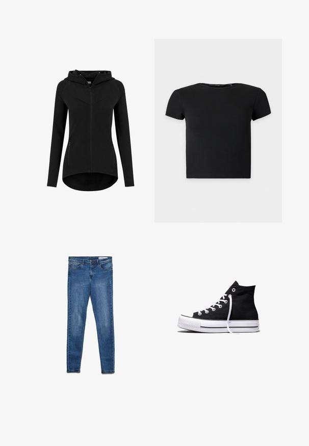 Čierna priliehavá dámska mikina s kapucňou na zips, s dlhými rukávmi, dvoma prednými vreckami na zips a jemne zakriveným lemom.; Čierny krátky rebrovaný crop top s okrúhlym výstrihom, zobrazený na jednofarebnom svetlom pozadí.; Tmavomodré džínsové nohavice s klasickým úzkym strihom. Majú päť vreciek, zips na zapínanie a jemné vyblednutie pre textúru.; Čierna vysoká plátenná teniska s bielou gumovou podrážkou a bielymi šnúrkami, zobrazená zboku na bielom pozadí.