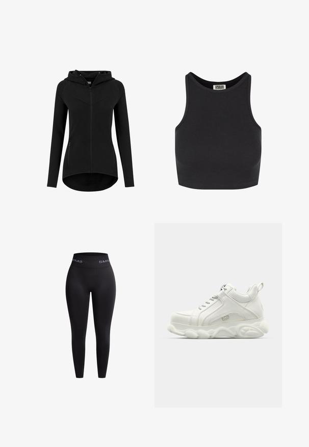 Sweat à capuche zippé noir pour femme, cintré, manches longues, deux poches avant zippées et un ourlet légèrement arrondi.; Crop top noir côtelé avec un design sans manches. Caractérisé par un col rond et une texture lisse. Étiquette visible à l'intérieur du col.; Leggings noirs en tissu extensible avec une taille haute élastique présentant le texte "SMIL" en blanc. Texture lisse et design ajusté.; Baskets blanches de sport avec une tige en cuir lisse, une semelle arrondie et un accent texturé. Comprend des lacets et une languette à l'arrière.