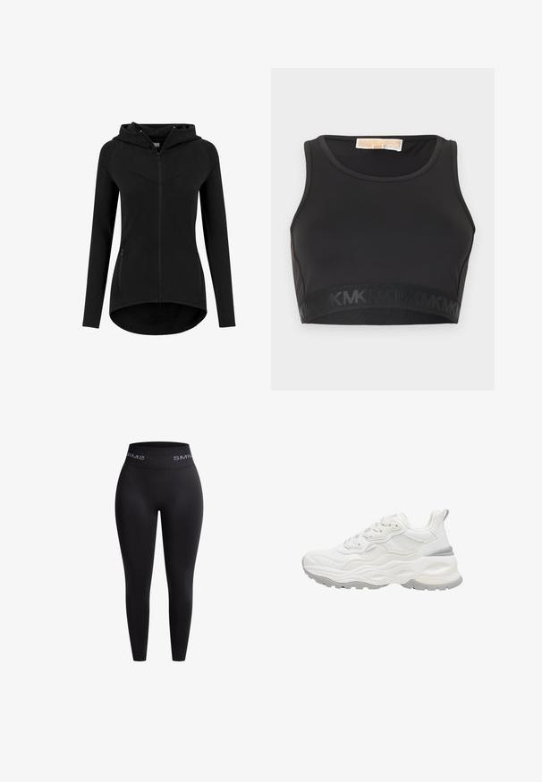 Sweat à capuche zippé noir pour femme, cintré, manches longues, deux poches avant zippées et un ourlet légèrement arrondi.; Brassière de sport noire en tissu lisse, dotée d'un col rond et d'une bande élastique logoée en bas.; Leggings noirs en tissu extensible avec une taille haute élastique présentant le texte "SMIL" en blanc. Texture lisse et design ajusté.; Baskets blanches épaisses avec semelle texturée, tige en mesh et cuir, fermeture à lacets et languette au talon sur fond blanc.