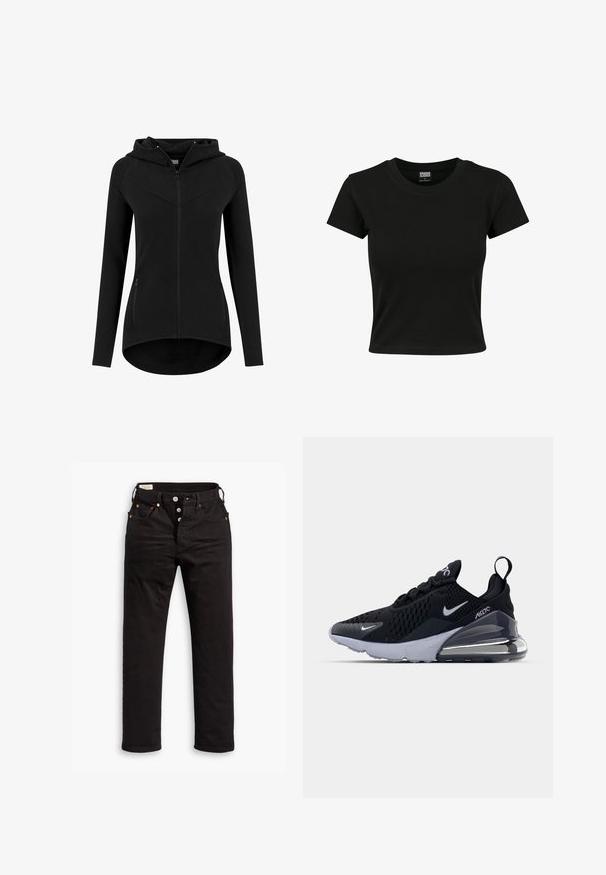 Sort damesweatshirt med tætsiddende pasform, lynlås, lange ærmer, to lynlåslommer foran og en let buet kant.; Sort kortærmet t-shirt lavet af glat bomuldsstof, med rund halsudskæring og en tætsiddende pasform. Ingen synlige mønstre eller accenter.; Sorte lige jeans med knaplukning, front- og baglommer samt kobbernitte detaljer på en hvid baggrund.; Sort atletiske sneakers med en mesh-overdel, der har et hvidt swoosh-logo, synlig Air-enhed og en tekstureret ydersål. Detaljer inkluderer en bageste trækstrop.