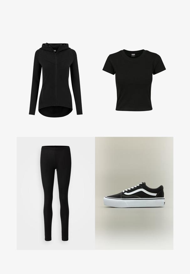 Sort damesweatshirt med tætsiddende pasform, lynlås, lange ærmer, to lynlåslommer foran og en let buet kant.; Sort kortærmet t-shirt lavet af glat bomuldsstof, med rund halsudskæring og en tætsiddende pasform. Ingen synlige mønstre eller accenter.; Sorte leggings lavet af et blødt, strækbart stof. De har en tætsiddende pasform med elastisk talje og en glat, mat overflade.; Lavtop sort sneaker med hvid side stribe, hvide snørebånd, hvid gummisål og tekstureret tåhætte på neutral baggrund.
