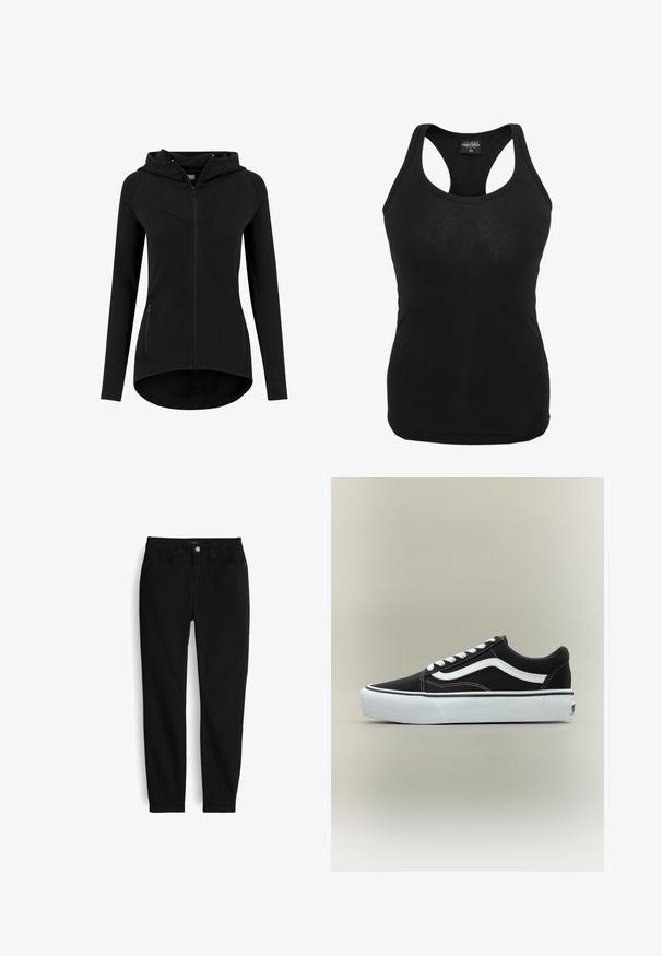 Sweat à capuche zippé noir pour femme, cintré, manches longues, deux poches avant zippées et un ourlet légèrement arrondi.; Débardeur noir en tissu doux, avec un design dos nageur et une coupe ajustée. Texture lisse sans motifs ni éléments métalliques visibles.; Jean noir ajusté avec fermeture avant à boutons et zip, cinq poches, et passants pour ceinture, présenté à plat sur un fond blanc.; Baskets basses noires avec bande blanche latérale, lacets blancs, semelle en caoutchouc blanche et bout texturé sur fond neutre.