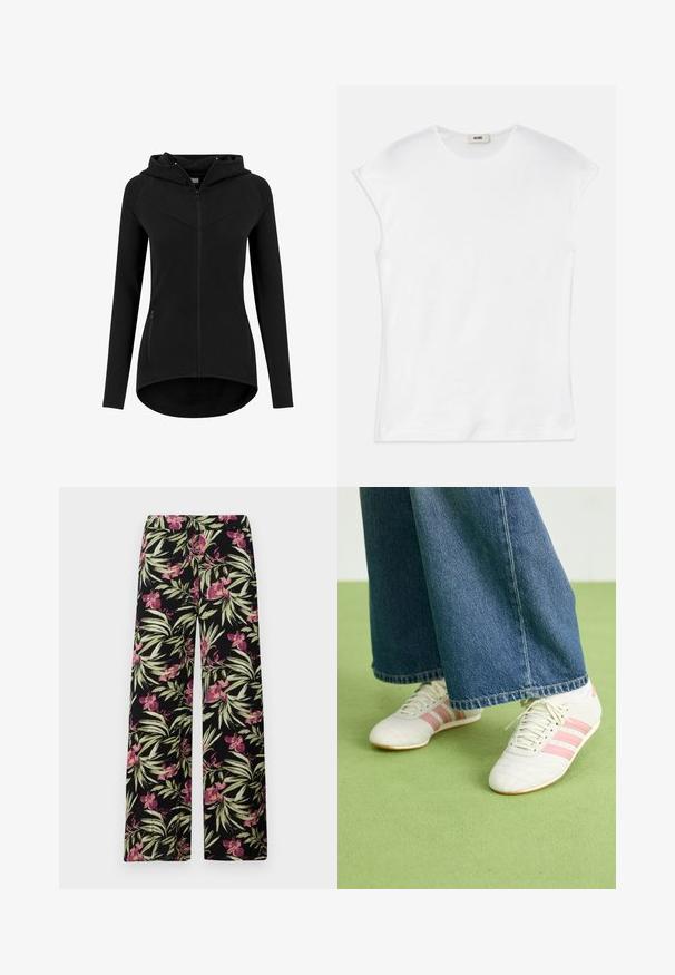 Schwarzer, taillierter Damen-Hoodie mit Reißverschluss, langen Ärmeln, zwei vorderen Reißverschlusstaschen und leicht geschwungenem Saum.; Weißes T-Shirt mit kurzen Ärmeln aus Baumwolle. Mit Rundhalsausschnitt und einer glatten, weichen Textur im entspannten Schnitt. Keine Muster oder Akzente.; Weite Hose aus einem schwarzen Stoff mit floralem Muster, das pinke Orchideen und grüne Blätter zeigt. Sanfte Textur mit lässiger Passform.; Weiße Sportschuhe mit pinken Streifen, strukturiertes Leder und flache Gummisohle, kombiniert mit weiten Jeanshose auf einem grünen Boden.