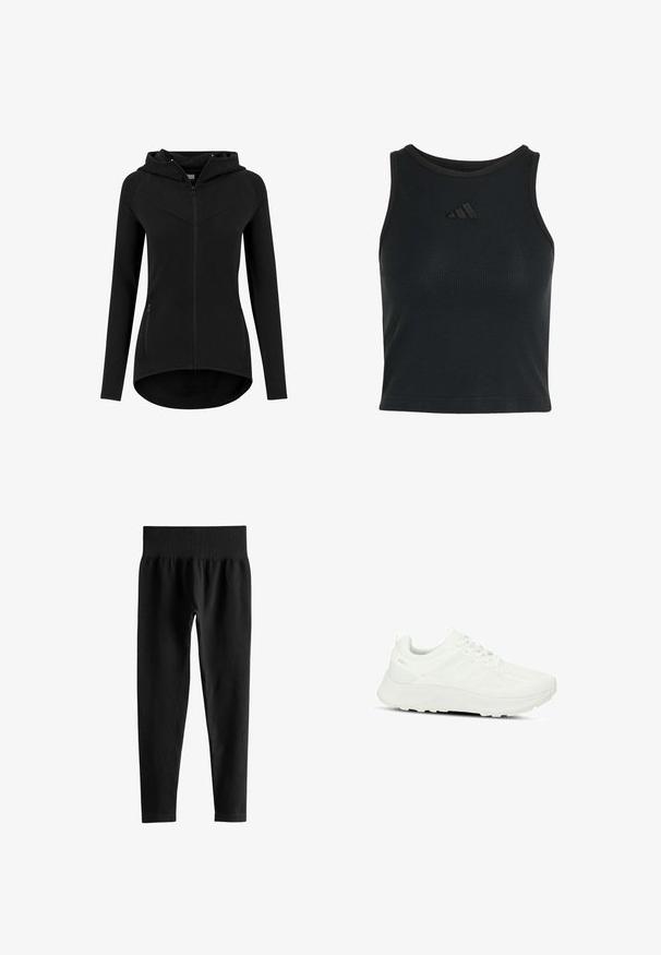 Zwarte aansluitende dameshoodie met rits, lange mouwen, twee voorzakken met rits en een licht gebogen zoom.; Zwart geribbeld mouwloos crop top met een hoge ronde hals en een klein zwart Adidas-logo in het midden van de borst.; Zwarte geribde leggings met hoge taille, brede elastische tailleband en volledige smalle pijpen op een witte achtergrond.; Witte sportschoen met een gestructureerde bovenkant en meshpanelen, vetersluiting, gevoerde zool en subtiele branding op de hiel.
