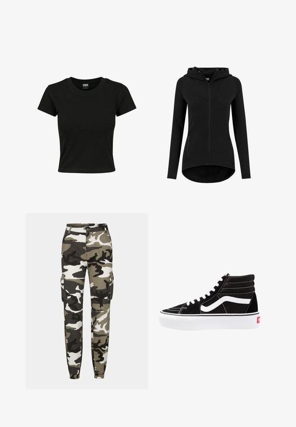 Sudadera negra ajustada para mujer con cremallera, mangas largas, dos bolsillos frontales con cremallera y dobladillo ligeramente curvado.; Camiseta negra de manga corta fabricada en algodón suave, con un cuello redondo y un corte ajustado. Sin patrones ni acentos visibles.; Pantalones cargo de camuflaje en tonos de verde, negro y blanco; cuentan con puños elásticos y bolsillos laterales para almacenamiento.; Zapatillas altas negras con cordones blancos, un logo blanco y costuras en blanco que contrastan. Presentan una suela blanca gruesa y una parte superior de ante texturizado.