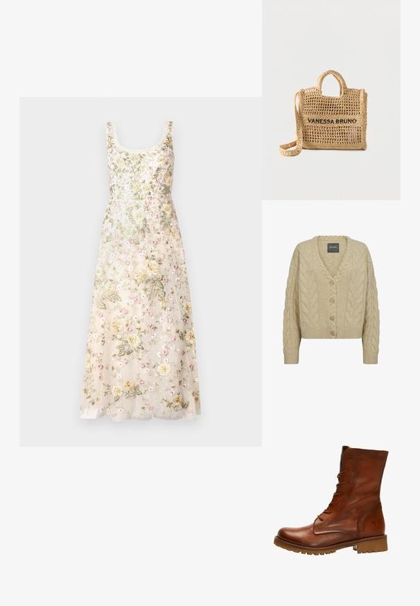 Beige kudumine kardigan V-kaelusega, silmapaistva nööpkudumise mustriga, viie puidust nööbi ning ribakudumisega mansettide ja äärtega.; Needle & Thread FLORINE SCOOP NECK BALLERINA DRESS - Pidulikud riided - cream; Pruun nahkne pahkluu saabas sujuva viimistlusega, ümarate varvastega, lessenööridega esiosas ja tekstureeritud äärega. Omab robustset tallat, et tagada haarduvus.; Kootud beež käekott kahe sangaga, pikk rihm, avatud punuti disain ja ees musta tikandiga "VANESSA BRUNO".