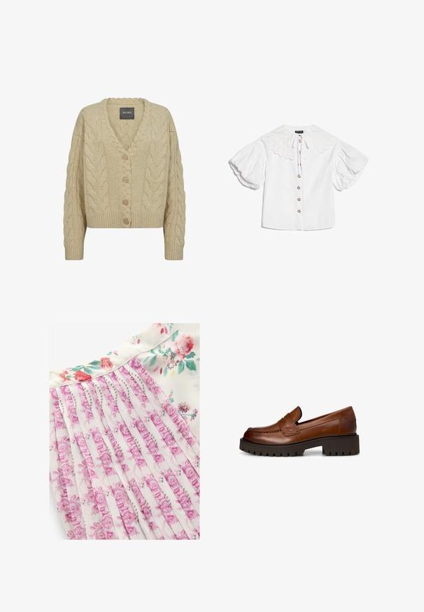 Beige gebreide cardigan met V-hals, opvallend kabelbreipatroon, vijf houten knopen en geribde manchetten en zoom.; Witte blouse met grote geschulpte kraag, goudkleurige knopen aan de voorkant en volumineuze korte pofmouwen.; Bloemenjurk met een witte achtergrond en roze en groene bloemenpatronen, geplooid ontwerp en een gladde stofstructuur.; Bruine leren loafer met dikke zwarte profielzool en lage blokhak, getoond vanaf de zijkant op een witte achtergrond.