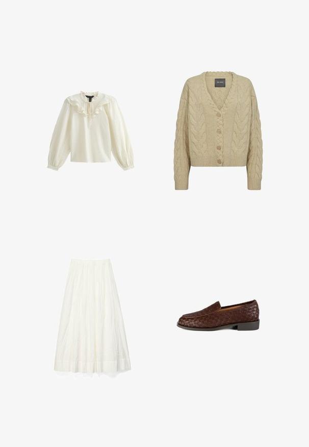 Beige gebreide cardigan met V-hals, opvallend kabelbreipatroon, vijf houten knopen en geribde manchetten en zoom.; Witte blouse met lange mouwen, volants bij de halslijn en een zachte textuur; heeft een strik bij de kraag en gathered pofmouwen.; Lange witte geplooide rok met een brede tailleband en subtiele textuur, afgebeeld tegen een effen witte achtergrond.; Bruine geweven leren instapper met een ronde neus, platte hak en een gladde binnenvoering. Heeft een textuurpatroon over het bovenwerk.