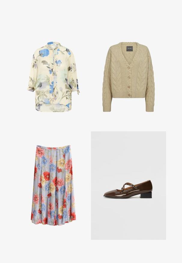 Beige strikket cardigan med V-udskæring, fremtrædende kabelstrik mønster, fem træknapper og ribbede manchetter og kant.; Lettet, gennemsigtig bluse med blomstermønster i nuancer af blå og grå på en cremefarvet baggrund. Har lange ærmer med oprullede manchetter og en ståkrave.; GANT FLORAL PRINT PANEL - Maxinederdele - light blue; Brune patentlæder Mary Jane sko med firkantet tå, to justerbare stropper prydet med runde metalspænder og en lav blokhæl.