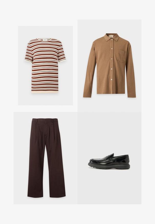 Chemise marron à manches longues avec boutons, col et poche poitrine, présentée sur fond blanc.; Pull tricoté à manches courtes avec des rayures horizontales crème, noir, rouille et vert olive, avec un col rond.; Pantalon marron foncé à jambes larges avec passants de ceinture, plis devant et fermeture éclair sur un fond clair uni.; Mocassin en cuir noir avec une finition brillante, bout arrondi, détails de couture subtils et semelle en caoutchouc épaisse pour la durabilité.