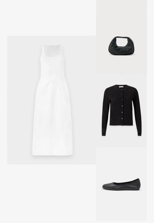 Sort langærmet cardigan med knapper, rund halsudskæring og subtilt perforeret mønster, vist på en lysegrå baggrund.; Hvid maxi-kjole med ærmeløs design, rund halsudskæring, cinchet talje og svajende skirt. Fremstillet af letvægtsstof.; Sort læderballetsko med rund tå, glat tekstur, minimal syning og et fleksibelt såldesign.; Sort flettet hobo-taske med blød struktur og integreret håndtag, vist på en ensfarvet lys baggrund.